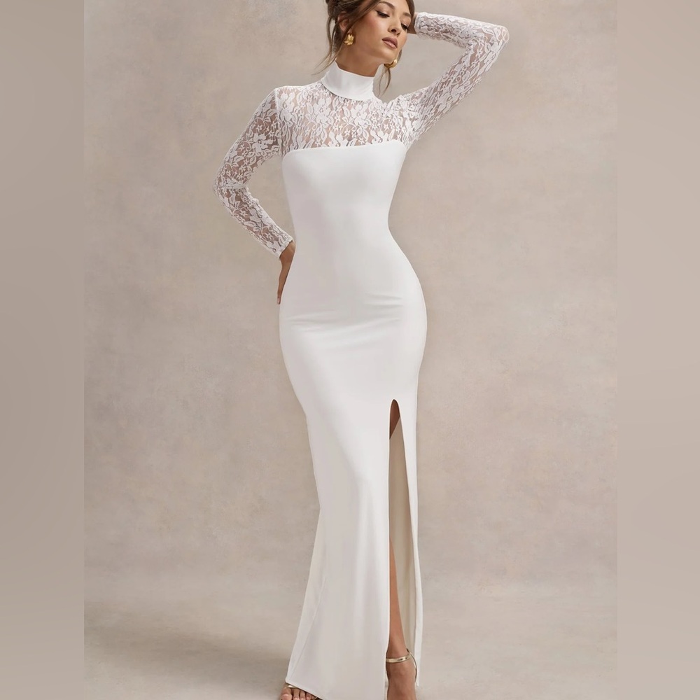 Club L London White Lace Maxi Dress with Front Slit | Arden